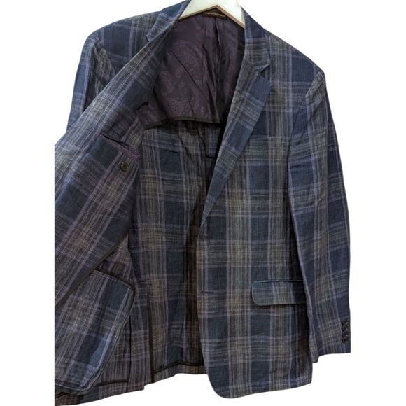 Robert Talbott Carmel Men's 41R Plaid Blue/Purple 100% Linen Blazer Two Button - Picture 4 of 10